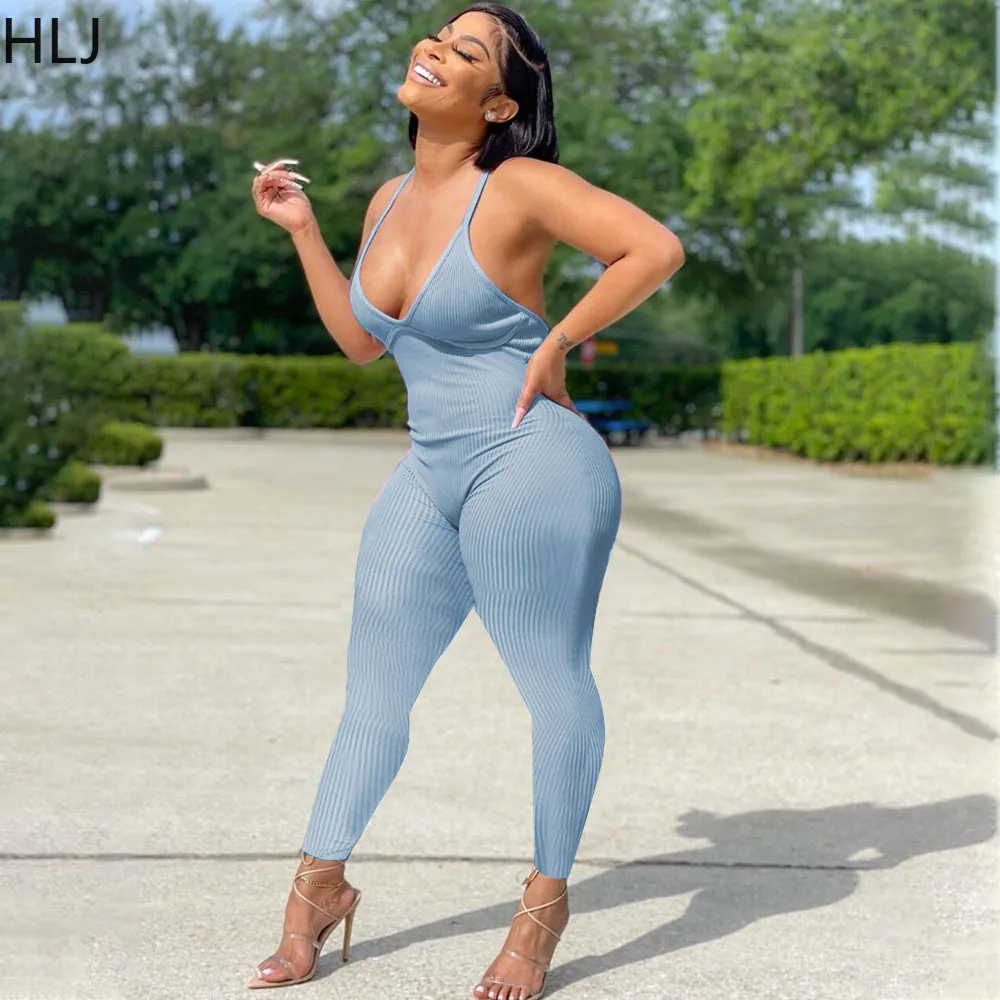 HLJ Sexy Ribber Solid Color Bodycon Jumpsuits Women Suspenders Backless One Piece Playsuits Casual Female Sporty Overall 2023