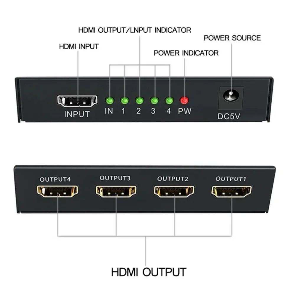 HDMI Splitter with 1 Input and 4 Outputs for Full HD 1080P Display Duplication