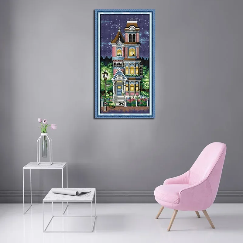 JoySunday A Quiet Night Kreuzstich-Set, Druck auf Leinwand, DMC-Faden, 16 ct, 14 ct, 11 ct, Landschaft, Handstickerei-Set für Heimdekoration