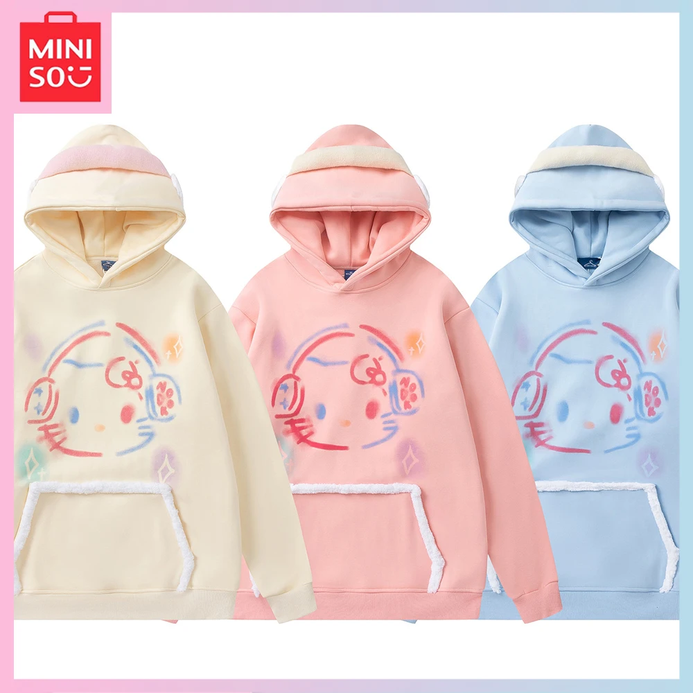

New Sanrio Miniso Hellokitty Y2K Cartoon Print Plus Fleecy Thickened Trend Headphones Hoodie Sweet Cool Loose Casual Couple Top