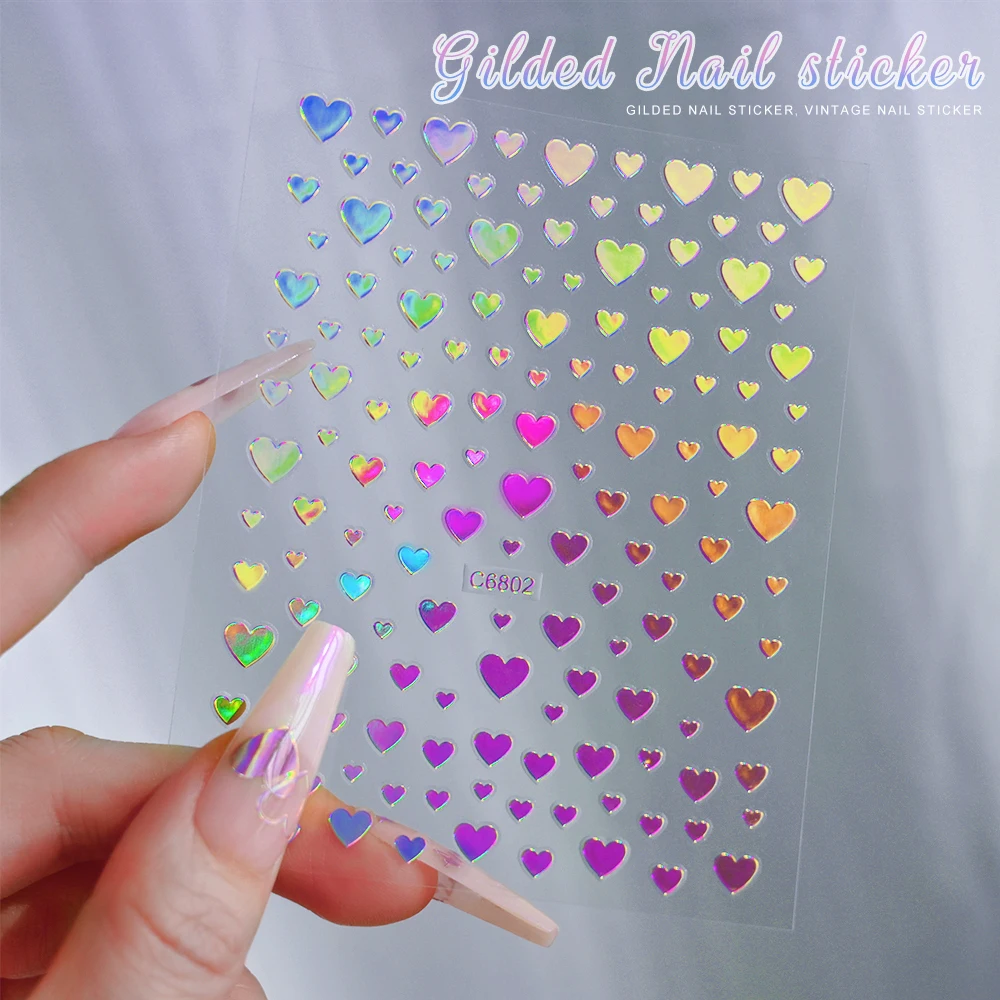 Holographic Rainbow Love Heart Nail Sticker 4/6Sheet/Kit 3D Laser Self-Adhesive Manicure Slider