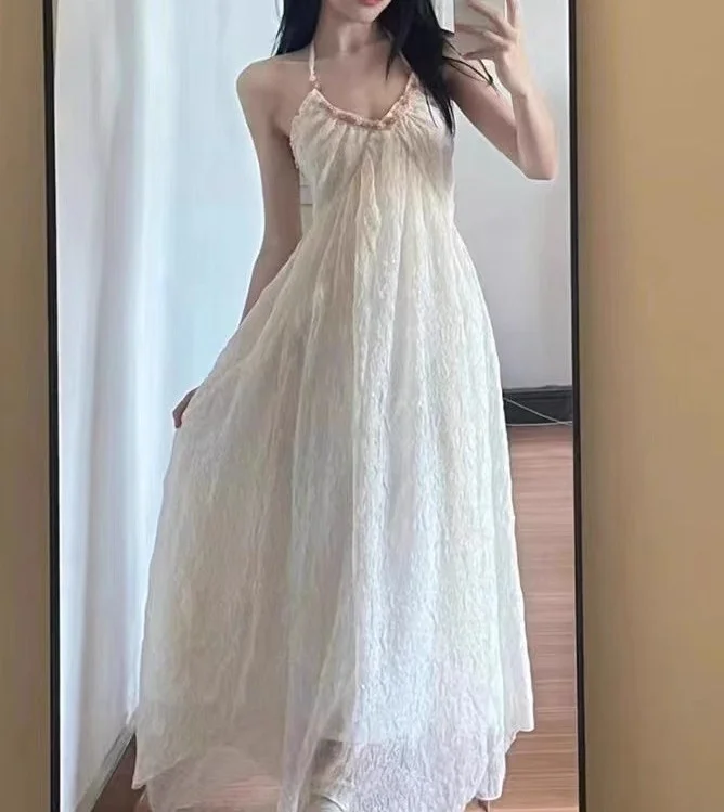 

Women's Dressess for Summer Beach Fairy Seaside Halter Holiday Lace-up Beautiful Beige Dress Vacation Girls Sexy Dresses