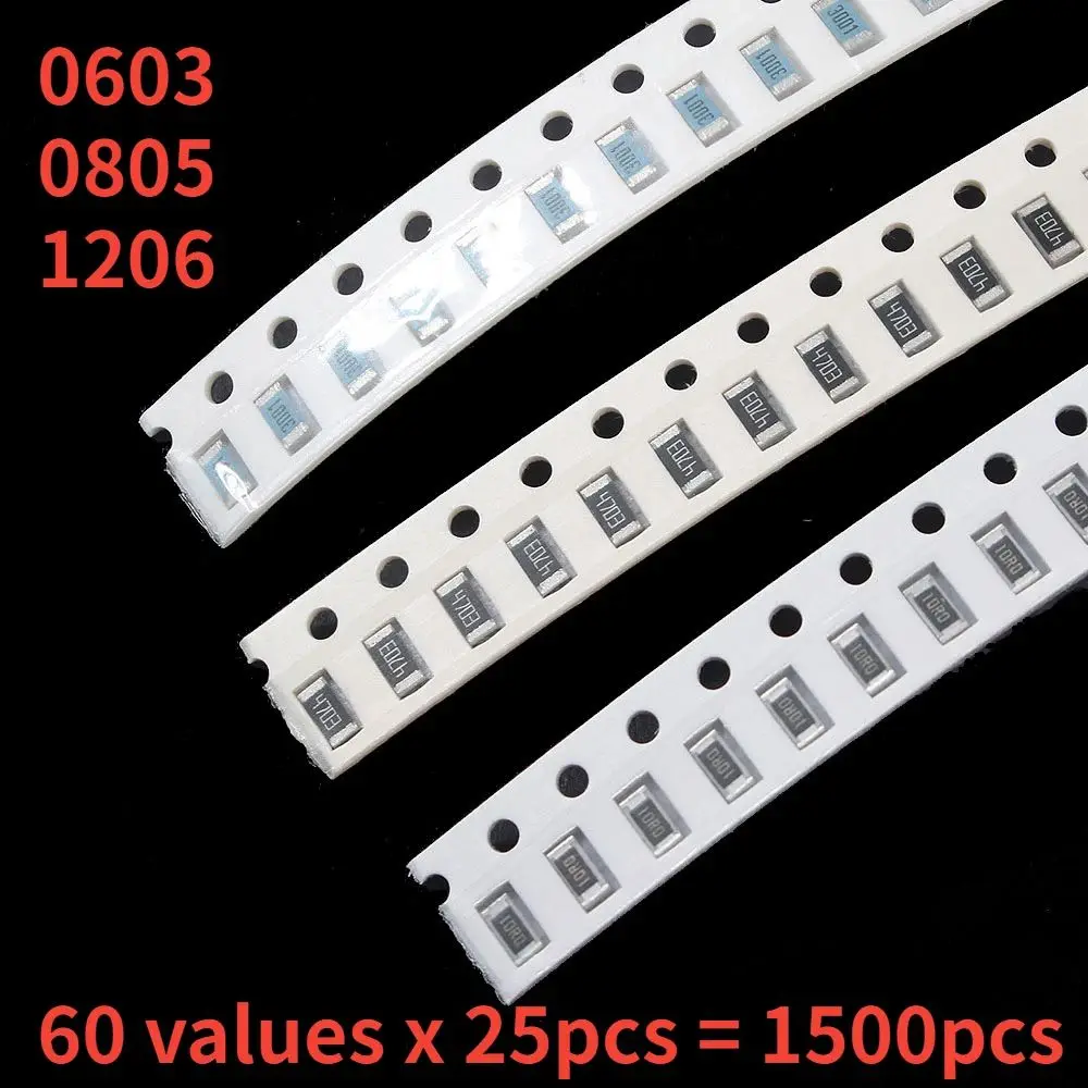 Smd Resistor Smd Chip Resistor 1500pcs 0603 0805 1206 SMD Film Resistor 0R~10M Accuracy 1% 60 Kinds*25pcs SMD Chip Resistor DIY Assorted Set of Resistors Kit