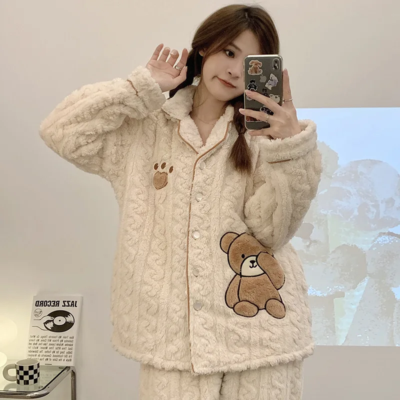 

Новинка зимняя пижама с длинным ворсом женский кардиган с лацканами плюшевый толстый милый удобный теплый комплект для отдыха