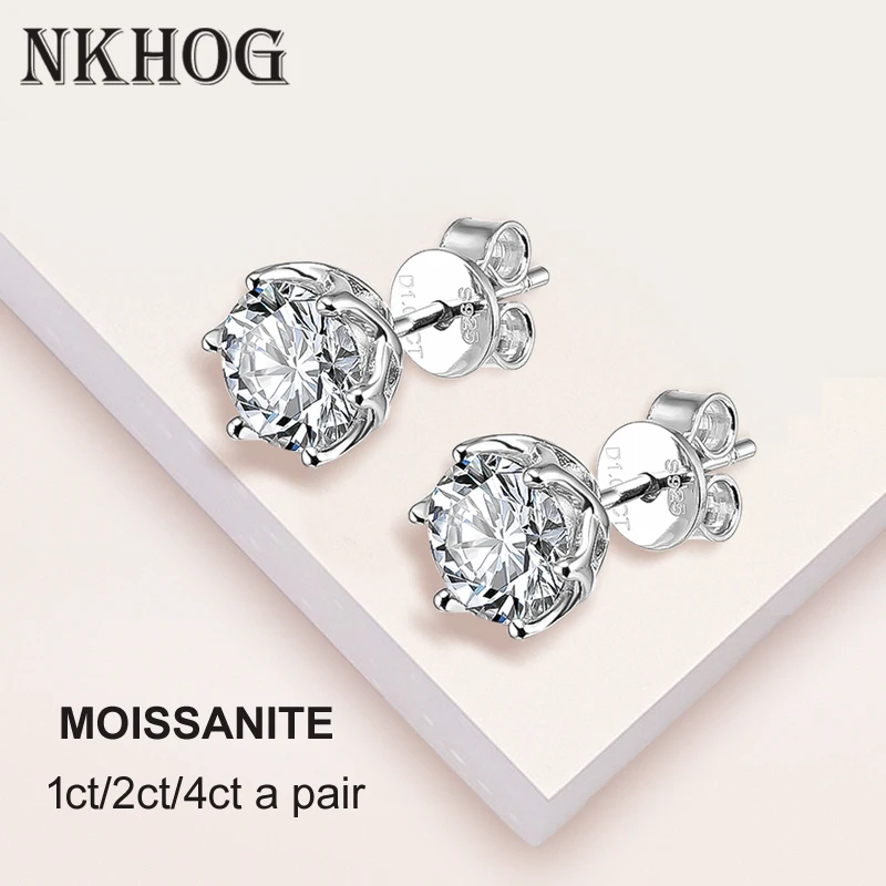 NKHOG 0.5-2 Carat D Color Moissanite 925 Sterling Silver Stud Earrings For Women Sparking Wedding Engagement Party Fine Jewelry