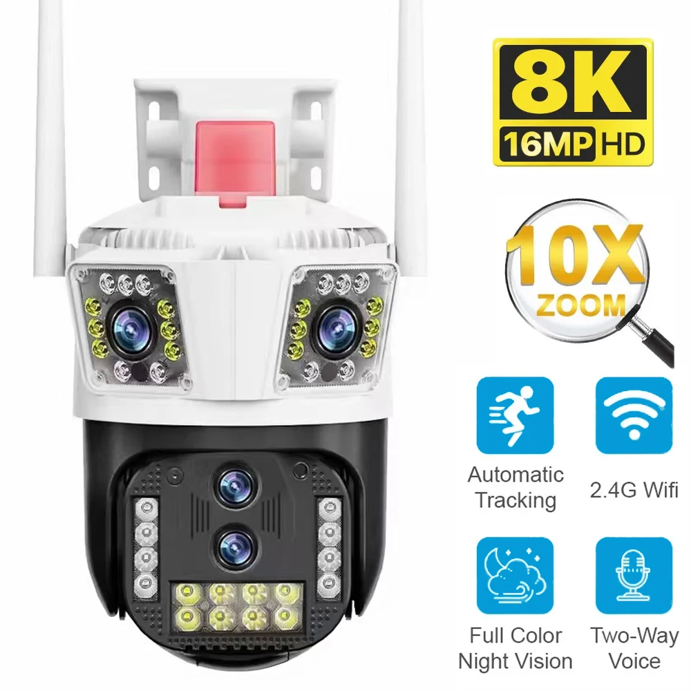 8K 16MP WiFi Camera Outdoor PTZ Waterproof 10X Zoom 4 Lens 3 Screens Auto Tracking Motion Detection Alarm Color Night Vision 4g 4k 8mp 180 ultra wide view angle 4g solar security camera outdoor wifi 4x zoom dual lens pir human detection cctv camera