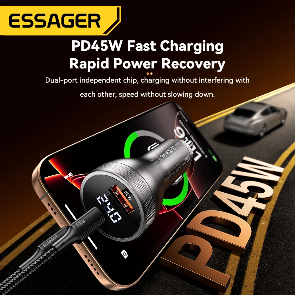 Essager 100W USB C Car Charger PD3.0 Fast Charging Quick Charge 4.0 Adapter for iPhone 16 MacBook Xiaomi Laptop Digital Dispaly