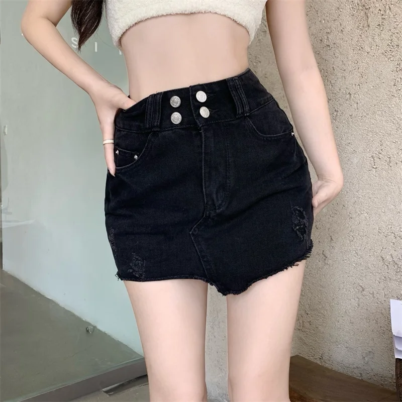 

Summer Button Irregular Crossover High Waist Ripped Denim Skirt Solid Color Sexy Fashion Women's Clothing