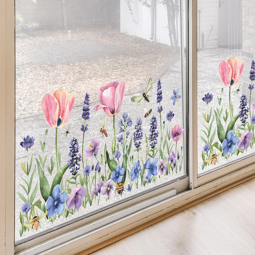 Window Stickers Spring Flowers Window Stickers Glass Static Sticker Bedroom Living Room Decor Art Decals Kids Girl's Room Decoration Mural