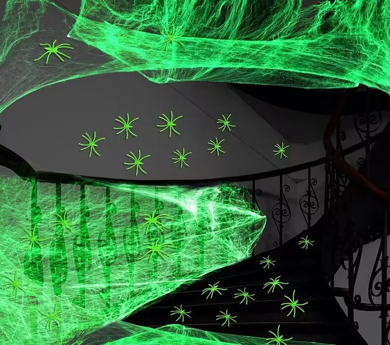 2026 Halloween-Dekoration, leuchtende Spinnennetze mit leuchtendem Spinnennetz und Spinnen für Spukhaus, Horror-Raumdekoration-Requisiten – Detail 12