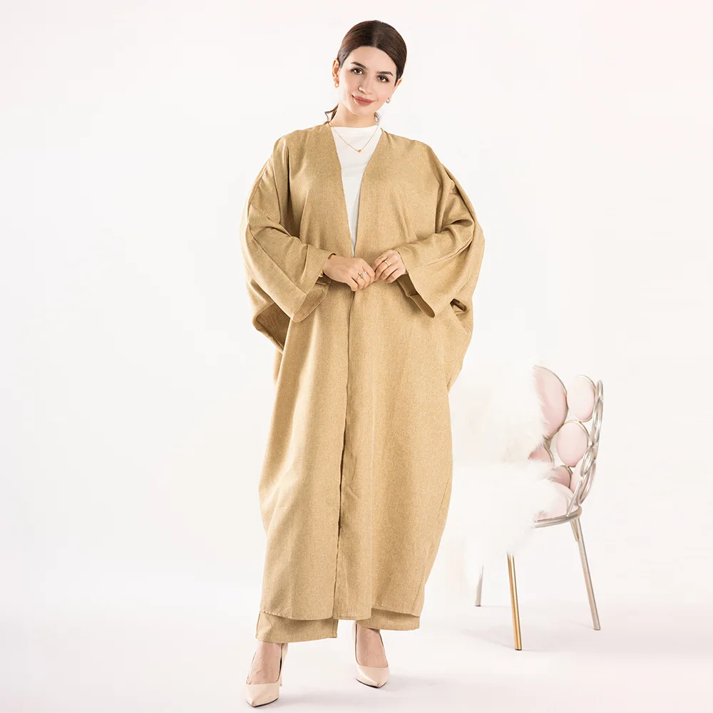 Lady Elegant Open Abaya Linen Long Kimono Muslimah Women Fashion Kaftan Islamic Arab Evening Dresses African Cardigan Robe S-XXL