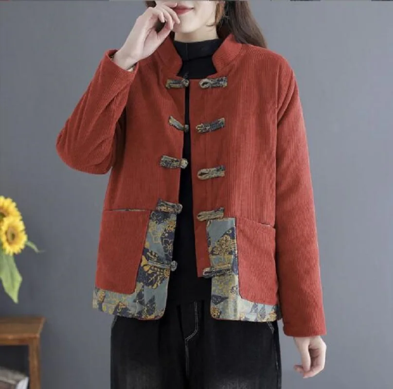Winter Chinese Classical Women Corduroy Cotton Coat Plush Thick Jacket Ladies Casual Long Sleeve Keep Warm Jackets