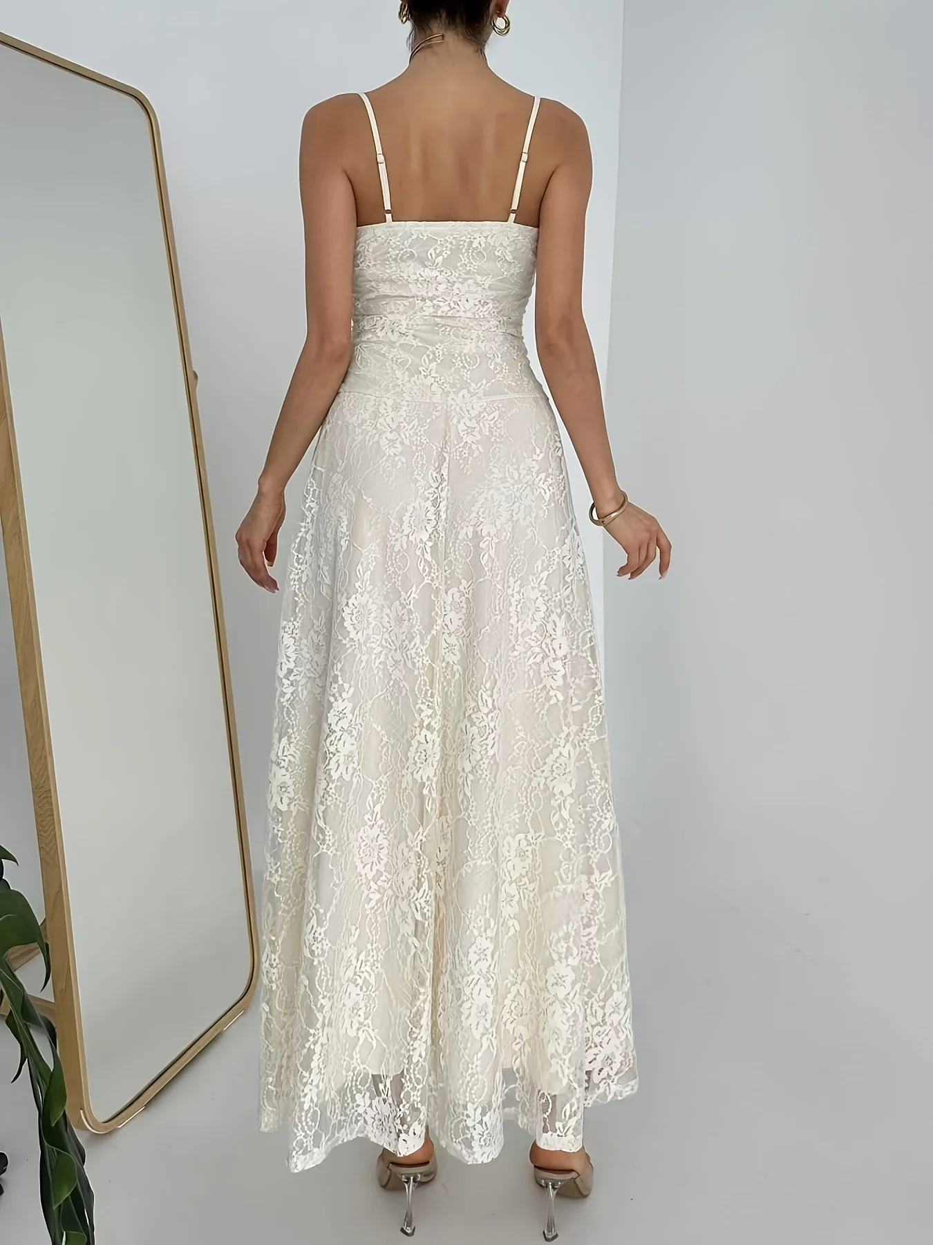 Elegante Abito Lungo in Pizzo da Donna, Nuovo Stile Estivo, Romantico Francese, con Cintura, Linea ad A, Senza Spalline, Stile Street Chic - immagine 2