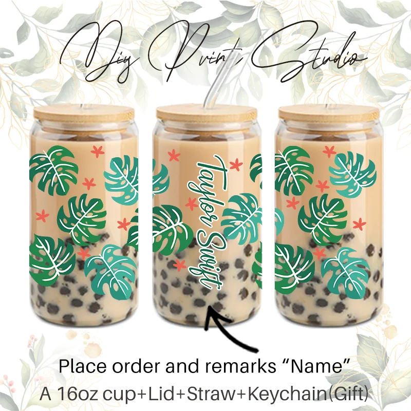 

Monstera sticker coffee cup mugs with straw and lid,16oz Tea Cup Beer Can Juice Glass Coffee Cup Cold Wine Cola Mug Drinkware