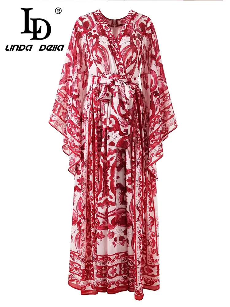 

LD LINDA DELLA Summer Fashion Bohemia Red ceramic Dress Women's Flare sleeve Draped Frenum On holiday Dress