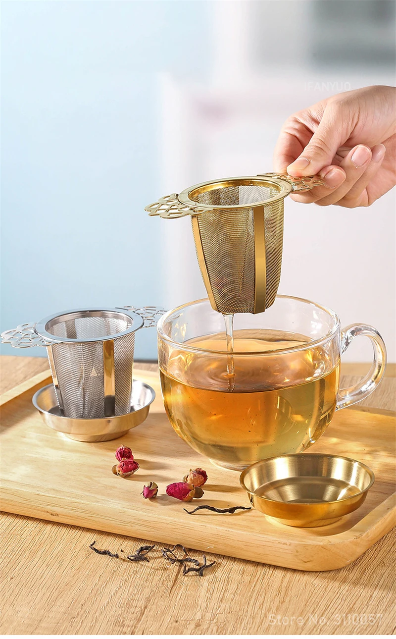 Description Picture 4 of itemDouble-layer Lace Tea Strainer Set with Tray Stainless Steel Filter Mesh Sieve Tea Drain Useful Infusers Kitchen Tools Teaware