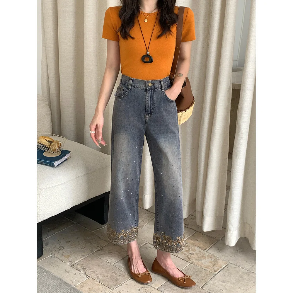 Jean droit taille haute extensible pour femme grande taille, style rétro avec broderie strass, pantalon capri pour femmes courbes, été 2026 - 2619