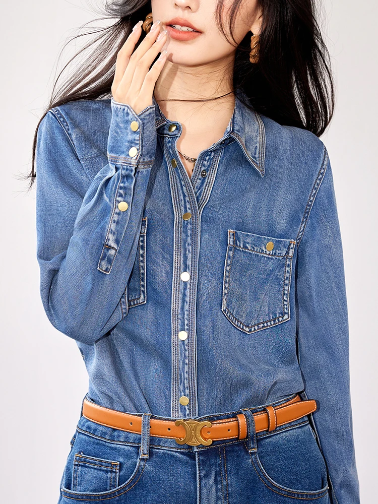 

QOERLIN Soft Denim Shirts Autumn Spring Turn-Down Collar Long Sleeve Loose Casual Jeans Jacket Coat Fashion Streetwear Tops Girl