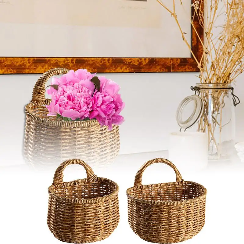 

Kitchen Storage Basket With Handle Sundries Organizer Pot For Plants Flower Wall Mounted Rattan Woven Hangings Basket For Fruits
