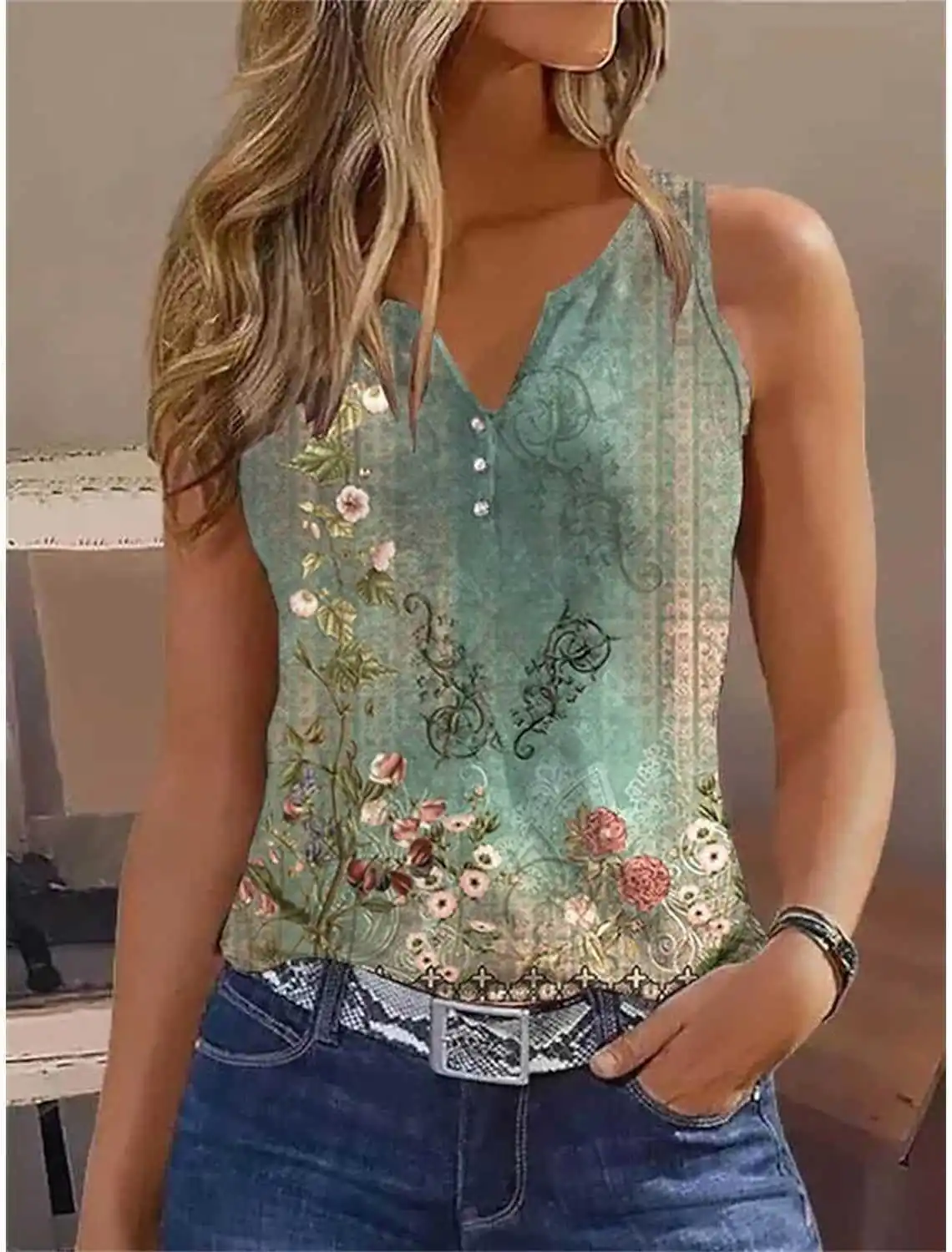 

Vintage Printed Vest Women V-Neck Sleeveless Tops Summer Casual T-Shirt