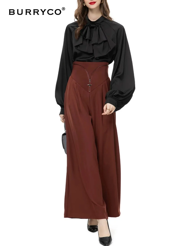 

BURRYCO 2023 Autumn Women's New Black Tie Shirt+Coffee High Waist Straight Pants Casual Overpants