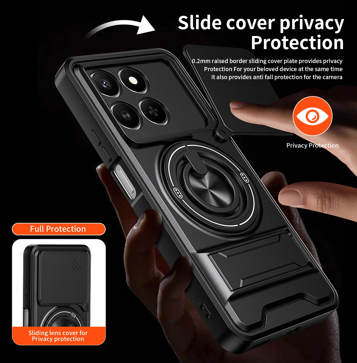 Enhanced Shockproof Armor Phone Case with Slide Lens Protector and Ring Holder
