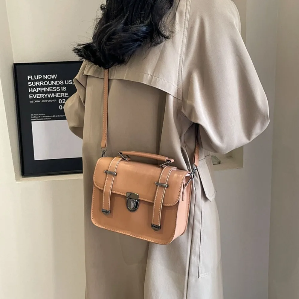 Girls Hundred Retro Small Square Bag Female Students Simple Crossbody College Style Shoulder Handbag Metal Lock Buckle Decoratio - 4