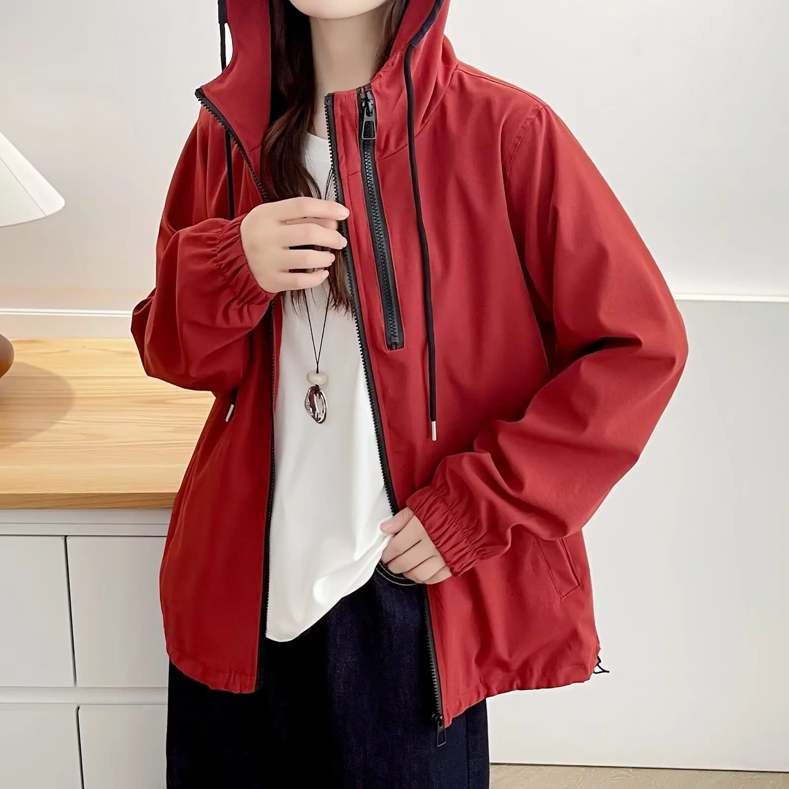 XXXXL Fashion Plus Size Women's Outdoor Jacket 2025 Autumn New Sporty Hooded Contrast Color Zipper Windbreaker Coats