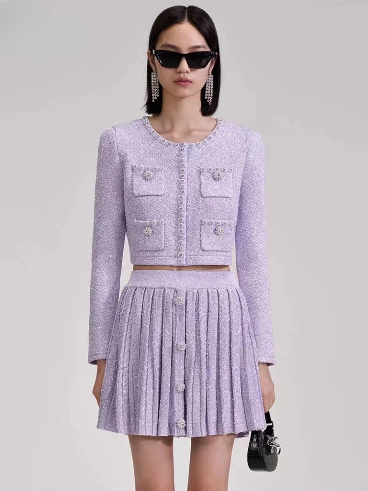 

Fashion Elegant Knitted Suit Women's Autumn 2023 New High Quality Pearl Sequin Short Coat + Pleated Skirt Knitted Two Piece Set
