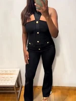 Women 2 Pieces Pants Sets 2025 New Fashion Gold Button Halter Top + Flare Trousers Women's Suit Bodycon Set Woman Outfits - Image 3
