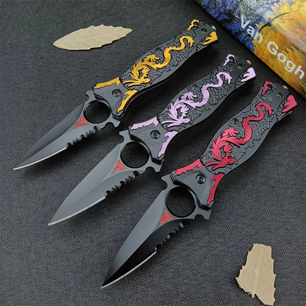 

Outdoor folding knife three -color dragon pattern 5Cr13mov blade zinc alloy controlle tactical hunting knife with pocket clip