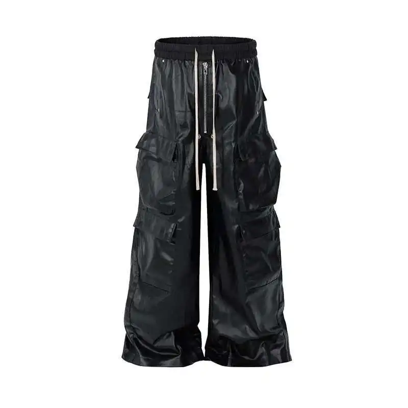 Men's Work Pants PU Leather Pocket Wide Leg Trousers Solid Color Darkwear Male Casual FEWQ 21Z7056 men trousers leather pants