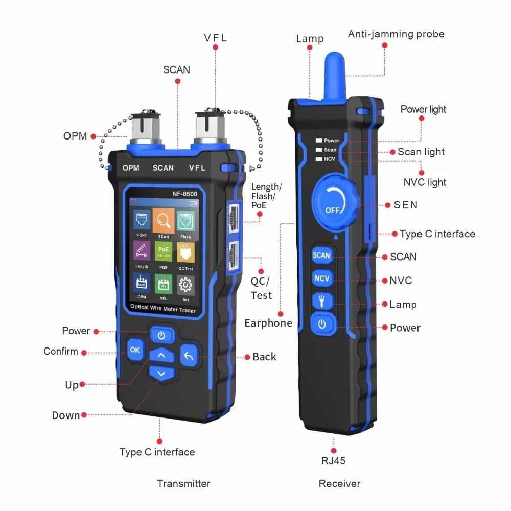 NOYAFA network cable tester LCD digital rechargeable network line finder wire tracker PoE checker optical wire meter NF-8508