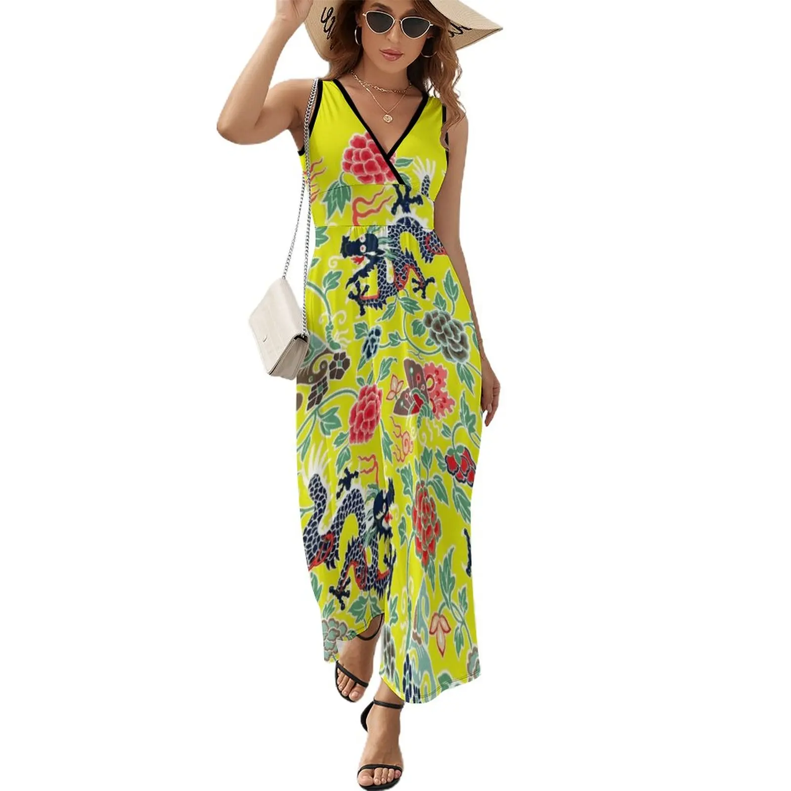 

Asian Dragon and Floral Pattern Sleeveless Dress women's dresses luxury Dress for girls