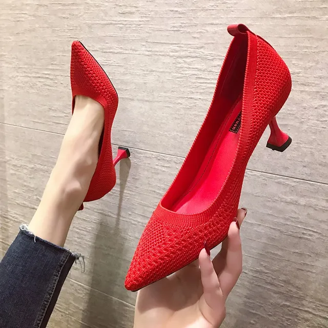 Ol Office Lady Shoes High Heels Knit Stretch Fabric Pumps Women Dress Shoes  Black Basic Pump Pointed Toe zapatos mujer Spring|Women's Pumps| -  AliExpress