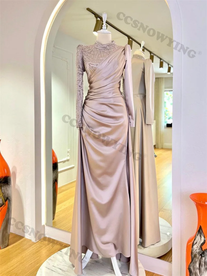 

Luxury Sparkly Sequin Muslim Evening Dresses Long Sleeve Islamic Formal Party Gowns High Neck Women Arabic Robes De Soirée