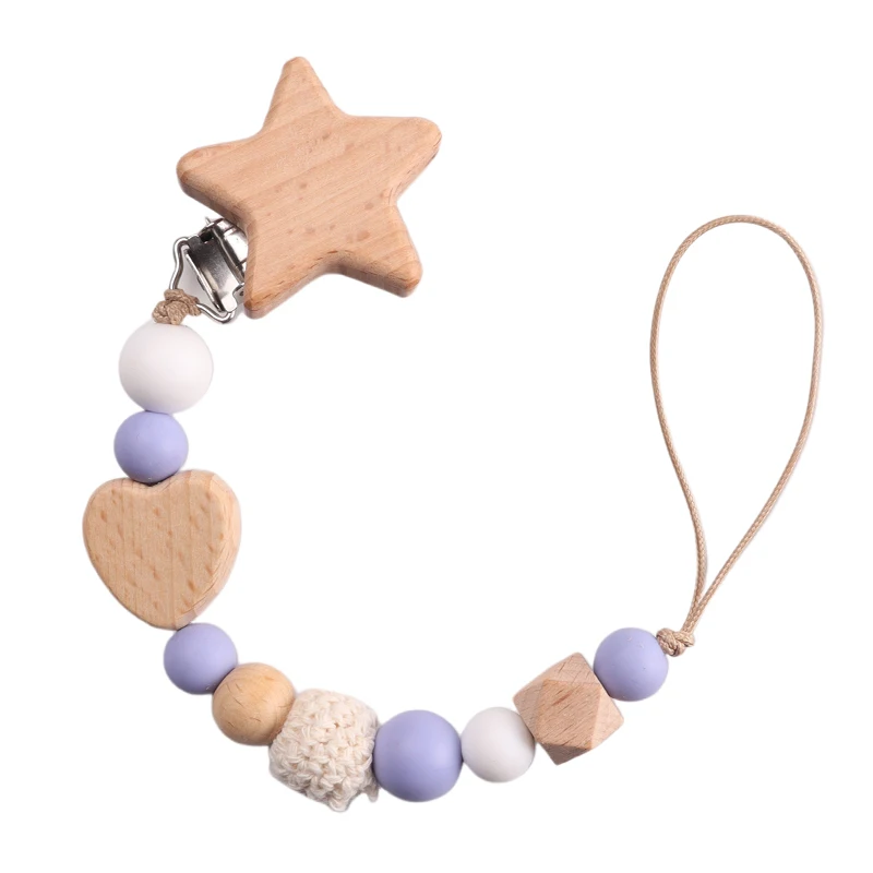 Baby Wooden Pentagram Pacifier Holder Clip Wood Crochet Bead Silicone Soother Teething Nursing Chew Toy Newborn Dummy Chain