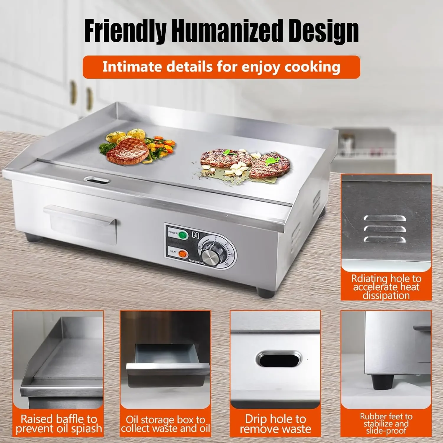 Electric Griddle,Electric Countertop Flat Top Griddle,110V 1600W Electric Flat Top Grill,Non-Stick Restaurant Teppanyaki Stainle 5