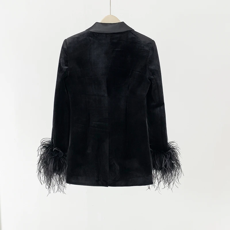 Black Velvet Blazer with Ostrich hair Feathers Women  Jacket Satin Lapel Office Business Autumn Winter Coat Formal Blazer Suit 4