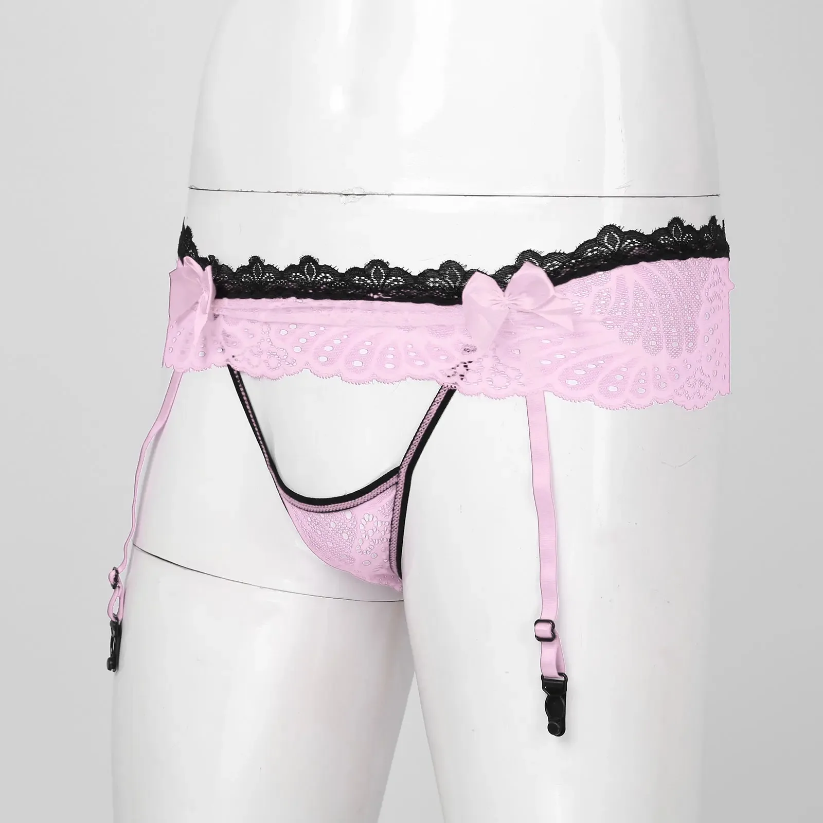 Mens Lingerie G-String Sissy Underwear Hollow Out Lace Skirted Thongs Bowknot Crotchless T-Back Garters Adjustable Garter Belt male underwear