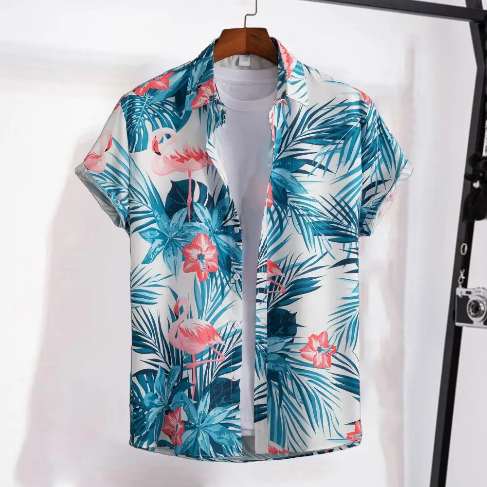 

Lapel Short Sleeve Men Shirt Buttons Closure Thin Anti-pilling Bird Leaves Printed Hawaiian Shirt Streetwear