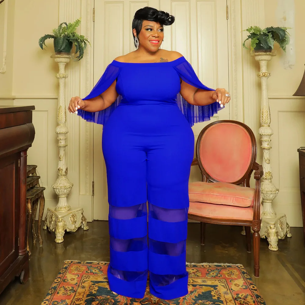 Plus Size Women Elegant Jumpsuit Mesh Patchwork One Piece Outfit Lady Designer Wide Leg Pant 2023 Summer Female Fashion Jumpsuit