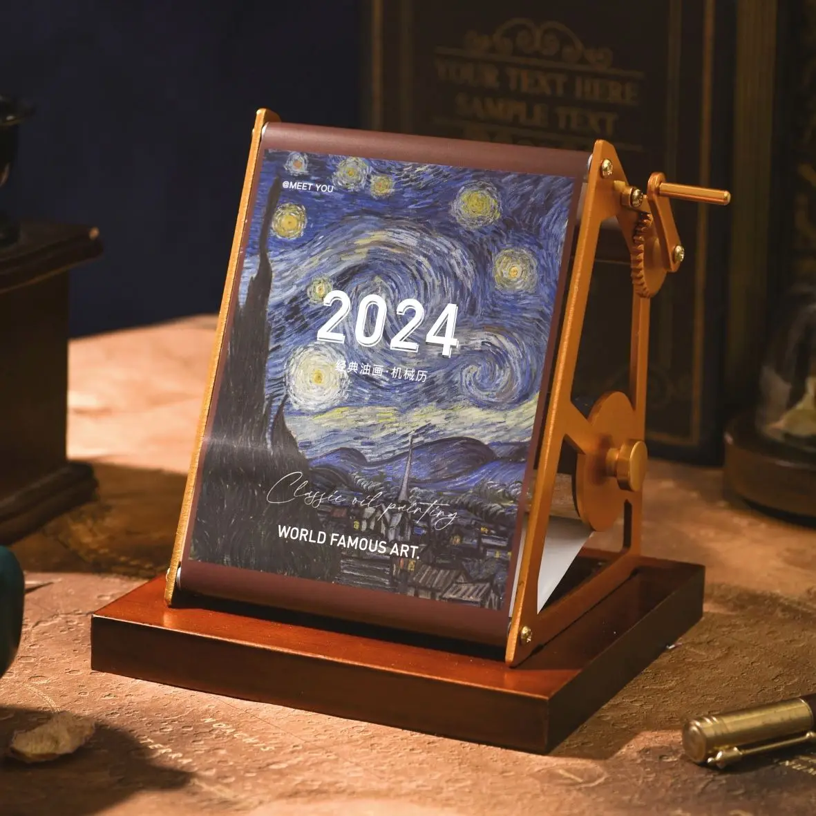 Hand-operated Mechanical Calendar/2024 Literary Oil Painting Calendar Desktop Decoration/wooden Desk Calendar