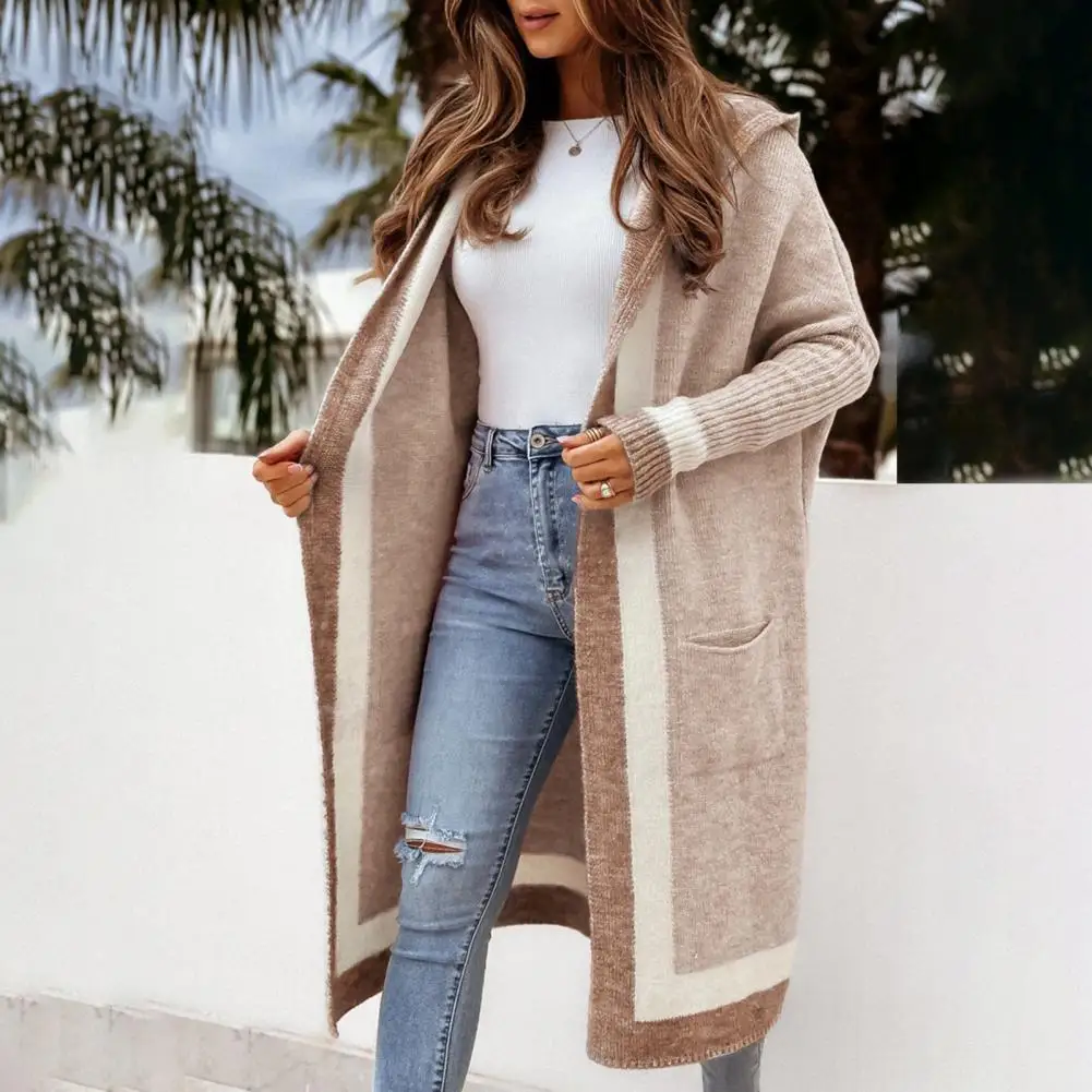 

Women Hooded Sweater Cardigan Stylish Mid-length Knitting Lady Cardigan Hooded Patchwork Color Women Long Sleeve Cardigan