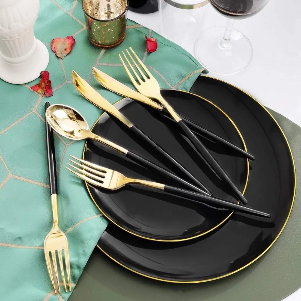 150pcs Black Plastic Plates, Black and Gold Plastic Plates,Gold Silverware,Black and Gold Dinnerware Set