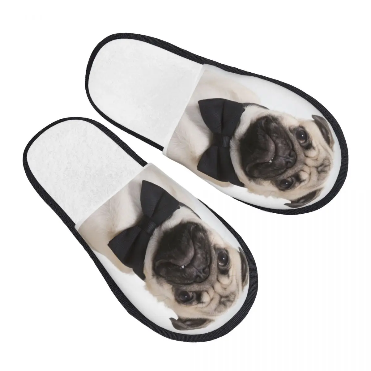 

Men Women Plush Indoor Slippers Puppy Pug Wearing Black Bow Warm Soft Shoes Home Footwear Autumn Winter 2023