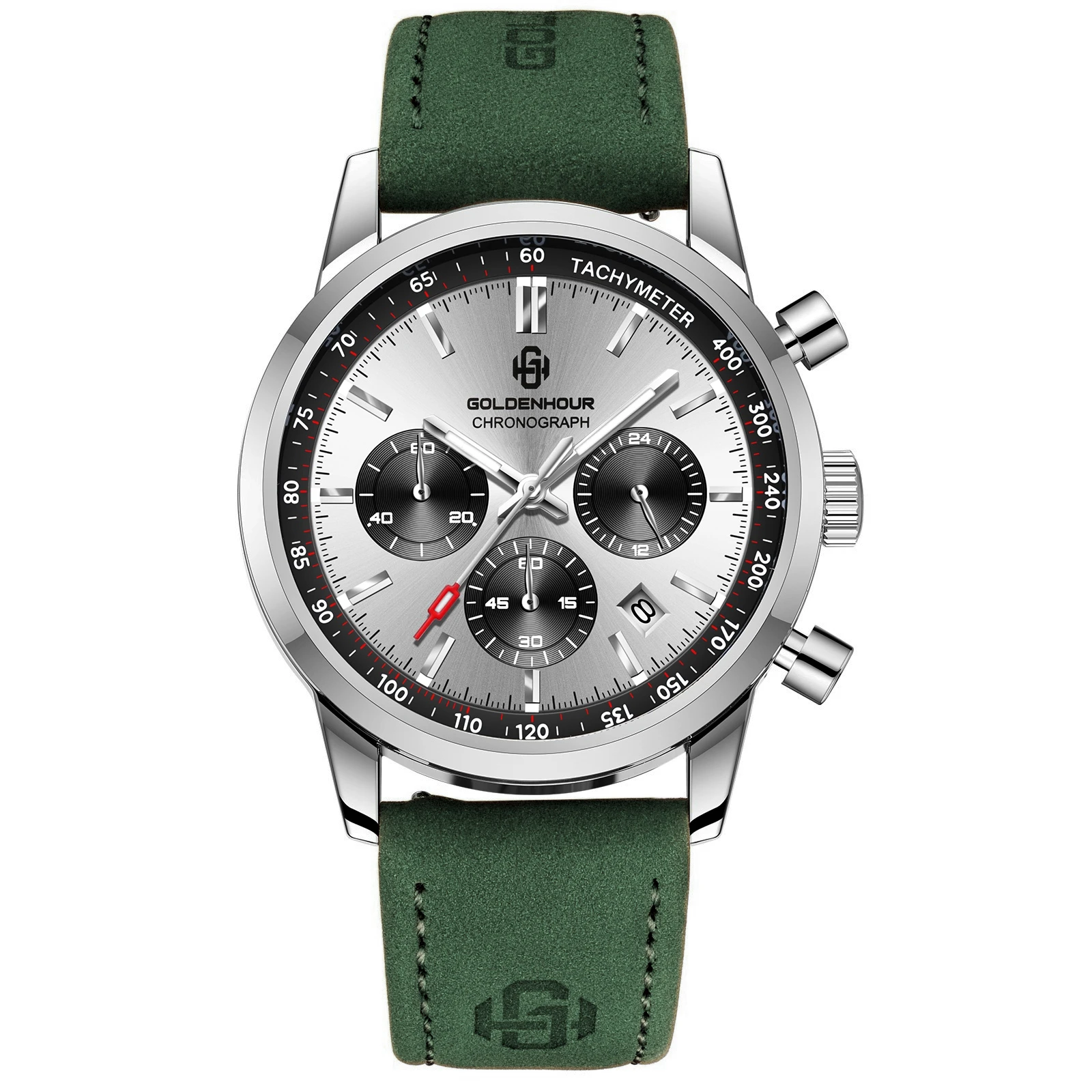 Men's Luxury Green Chronograph Quartz Leather Waterproof Luminous Sport Watch