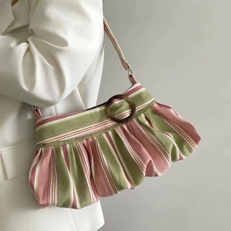 Borsa a Spalla Retrò a Pois con Bottoni in Legno, Borsa a Mano con Design Plissettato, Borsa Morbida a Forma di Raviolo, Borsa Casual a Righe per Pendolari - immagine 4