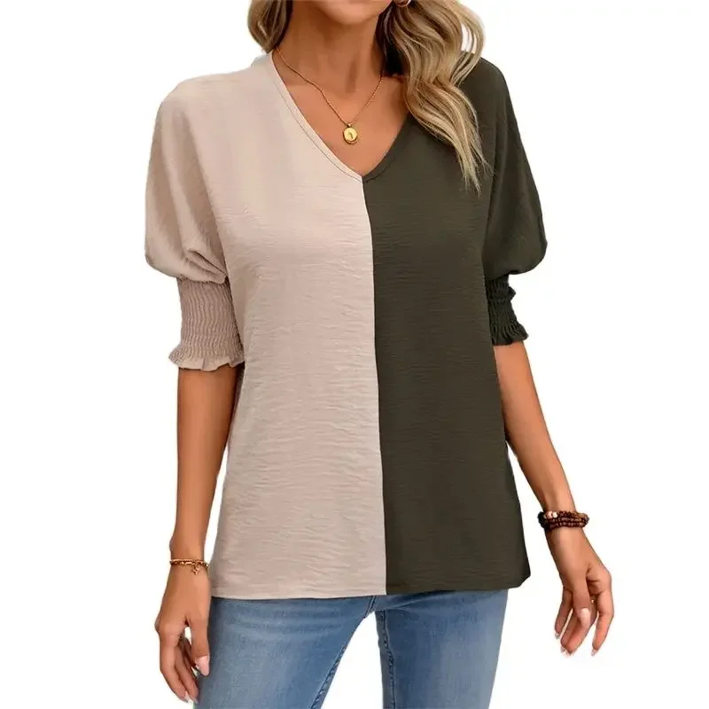 

Fashion Colour Blocking Chiffon Shirt Women Stretch Pleated Batwing Sleeve Loose V Neck Blouse Female New Comfortable Casual Top