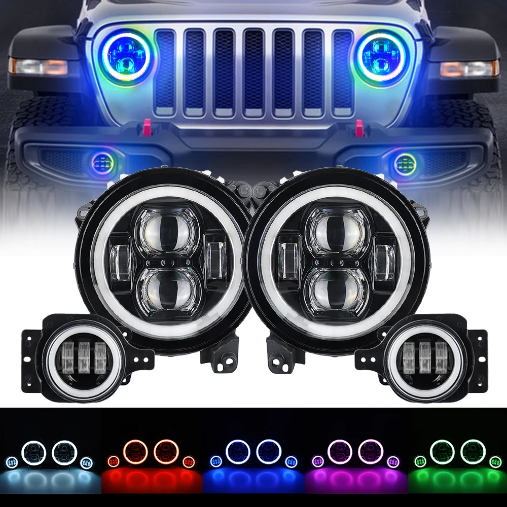 

9 Inch Super Bright LED RGB Halo Headlights Fog Lights Bundle For 2018 - 2023 Wrangler JL Sahara Rubicon 2019 2023 Gladiator JT
